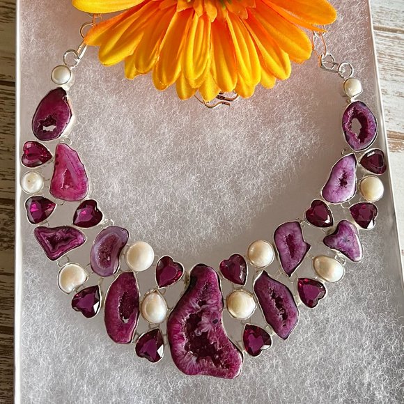 Solar Agate Pearl Heart Necklace Handmade Stone Gemstone 925 Silver Large Ethnic - Picture 12 of 15